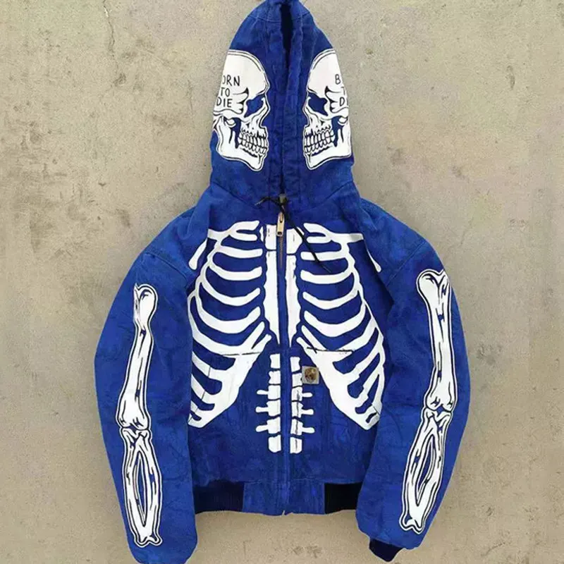Streetwear Logo personnalisé crâne Halloween sweat à capuche oversize squelette épais strass complet Zip Up sweats à capuche hommes