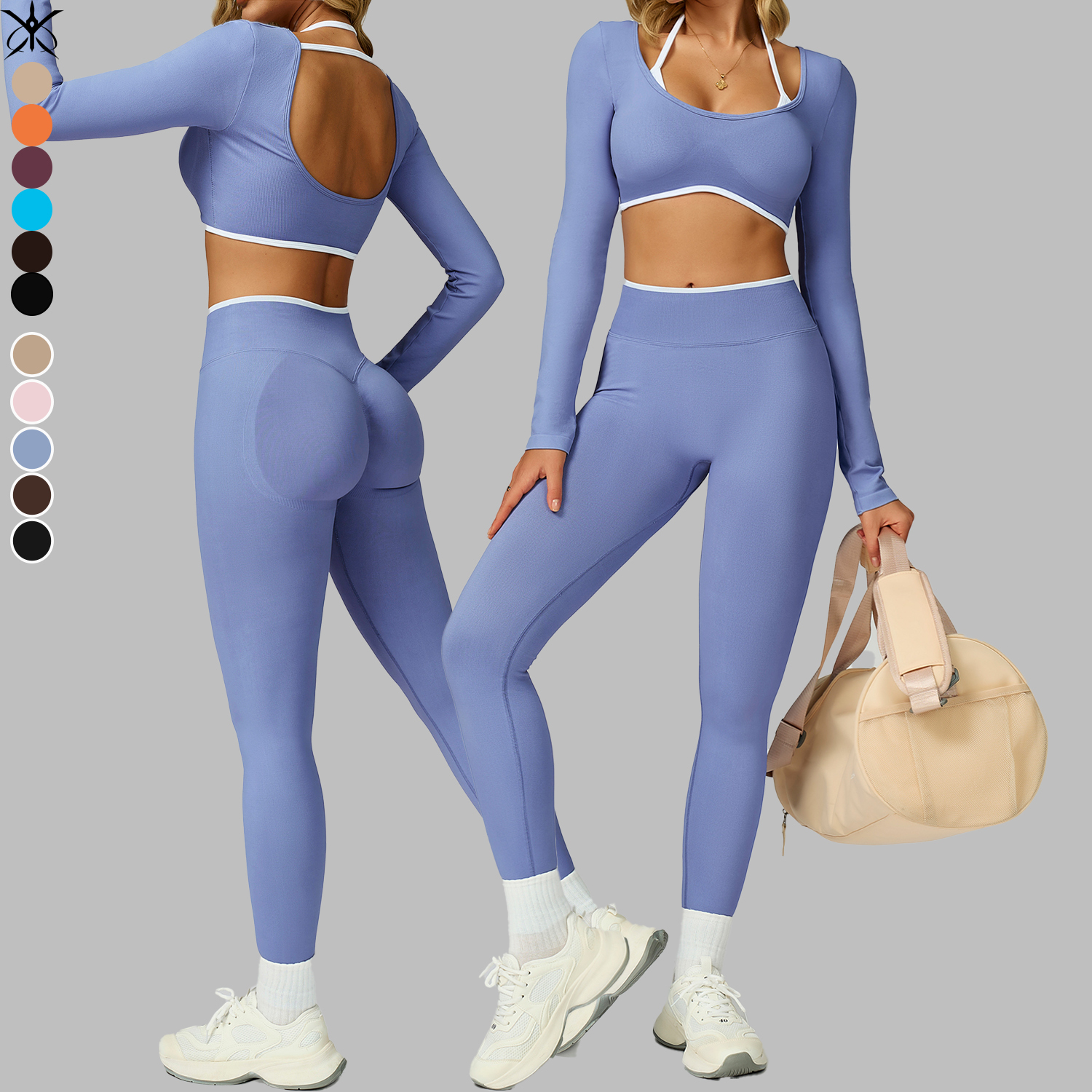 Seamless Color-Blocked Trim Faux Two-Piece Yoga Fitness Outfit Long-Sleeved T-Shirt Tight-Fitting Leggings Butt-Lifting Cut-Out