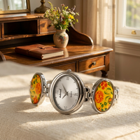Montre pour femme vintage à motif floral peinte à la main, bracelet en argent, quartz, style émail, cadran ovale, montres bracelet pour femmes