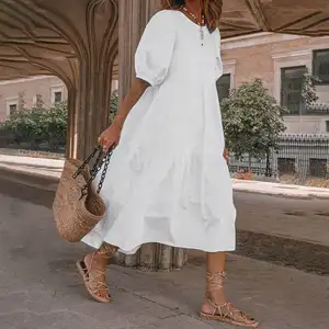 HONGNUO Nheadphones vestidos Vintage tejido Simple adultos imperio sólido A-line Midi Lino algodón Casual verano mujeres blanco 1 pieza
