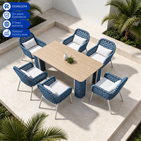 Ensemble de salle à manger d'extérieur 7 pièces, 6 chaises en corde bleue tressée, table rectangulaire pour hôtel, complexe hôtelier, villa, patio