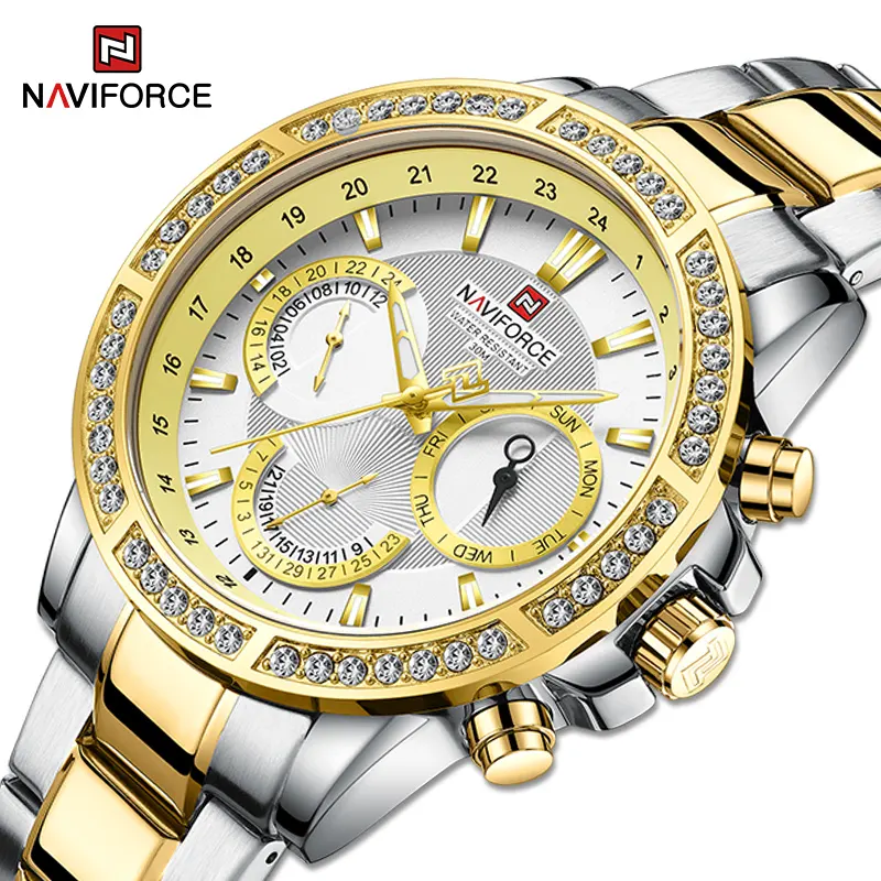 Men Watch NAVIFORCE High Quality Silver Gold With Diamond Quartz Wrist watches Male New Luxury Stainless Steel Waterproof Clock
