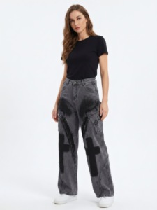 <span class=keywords><strong>Pantalon</strong></span> de survêtement unisexe en nylon/coton, coupe décontractée, jambe large, double couche de tissu, effet vieilli, teint en pièce, style baggy - Product Image 3