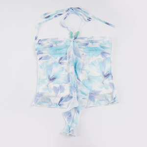 Haut Halter Perlé à Imprimé Floral pour Vacances à la Plage, Dos Nu en Maille, Coupe Ajustée avec Rubans, pour Femme - Product Image 6
