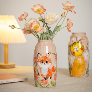 Cute Animal Ceramic <strong>Vase</strong> Set - Healing Fox &amp; <strong>Cat</strong> Pattern, Tabletop Flower <strong>Vase</strong> for Living Room Decor - Product Image 2