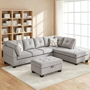 L-shaped Chesterfield-style extendable faux leather <b>cushioned</b> modular sofa with <b>storage</b> ottoman and reversible design, suitable - Product Image 2