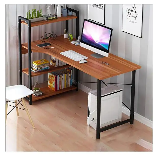 Modern Style Curved Straight Desktop Computer Laptop Desk with Bookshelf for Home Office Studying Living Room