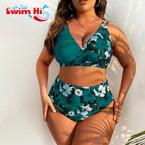 OEM de talla grande Sexy Color sólido estampados cuello en V Cruz arrugas Halter dos piezas Bikini ropa de playa traje de baño mujeres traje de baño de alta cintura - Product Image 3