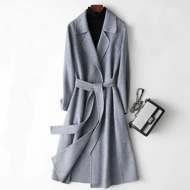 2020 Women Cashmere Long Coat Elegant Turn Down Collar Woolen Coat With Belt Open Stitch Design Winter Warm Coat Casaco Feminino