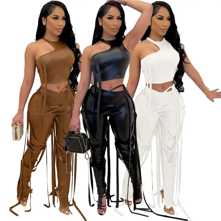 Trendy Crop Vest And Split Pants PU Leather Street Wear Sexy Spring Women Two Piece Set woman clothing 2021