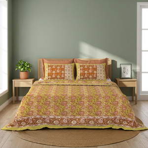 Parure de lit en coton imprimé floral ethnique King Size, blanche, fabriquée à la main à Jaipur, Inde, avec 2 taies d'oreiller - Product Image 4
