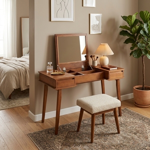 Table de toilette moderne en bois massif teck acajou Sungkai avec miroir rabattable, finition naturelle, mobilier de chambre - Product Image 6