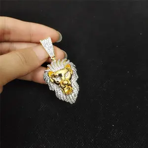 Hip Hop CZ Bling Jewelry 18k Gold Jewelry Diamond Iced Out Lion Head Pendant Necklace