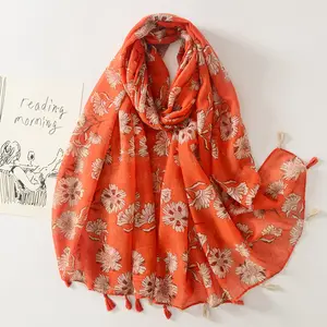 2024 New Fashion Flower Print Shawl Style Balinese Breathable Scarf Lightweight Cotton and Hemp Soft Beach Scarf