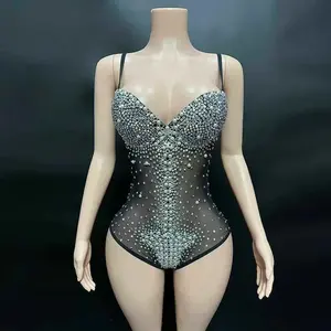 TWCS femmes Sexy col en v Performance porter perles collants body chanteur danseur scène discothèque luxe pierres précieuses maille élastique - Product Image 2