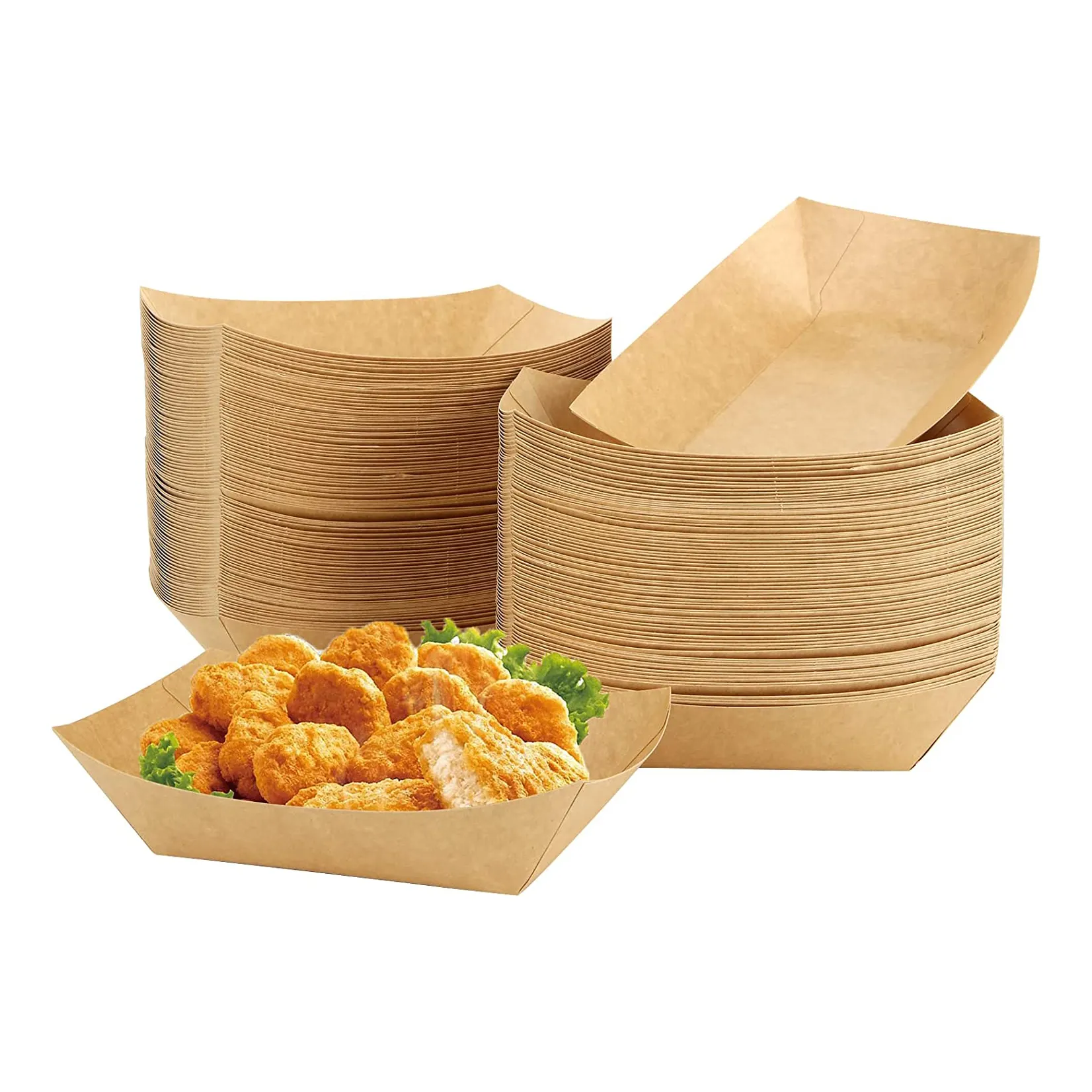 Disposable Kraft Paper Serving Tray Boat Shape Snack French Fries Chicken Salad Take Out Containers For Party Food Paper Tray