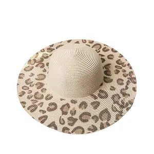 Соломенная шляпа от солнца для женщин и мужчин, Пляжная Панама с широкими полями, дышащая, из бумаги, соломенная, с леопардовым принтом, модная, с регулируемым ремешком