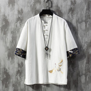 Camiseta de Lino de Manga Corta para Hombre, Tallas <span class=keywords><strong>M</strong></span>-5XL, Bordado, Estilo Holgado, Ropa de Verano, Estilo Chino, Ropa Urbana para Hombre - Product Image 1