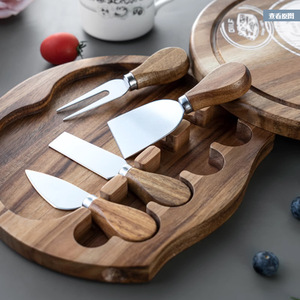 Acacia Wood <b>Cheese</b> Board Round With <b>Knife</b> Fork <b>Set</b> For Hotel Coffee Tea Serving Tray - Product Image 2