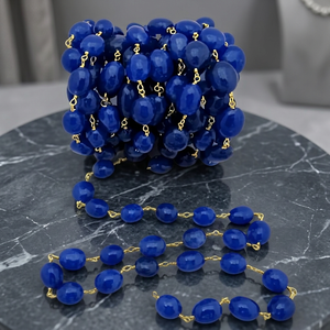 Blue Sapphire Quartz Plain Smooth Oval Dyed Beaded Wire Wrapped <b>Rosary</b> Chain Jewelry Making Gemstone chain sold per foot - Product Image 4
