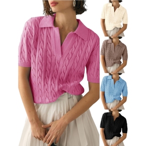 Pull tricoté torsadé uni à col polo et manches courtes pour femme – Nouvelle collection décontractée et tendance (vente en gros) - Product Image 1