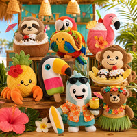 Hawaïaans strand knuffelset, luiaard, flamingo, toekan en fruit knuffels voor een zomerse resort cadeau
