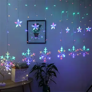 Tirai LED Bintang Berujung Lima Lampu Tali Kepingan Salju Lampu Gelombang Peri Dekorasi Pesta Liburan Natal 8 Pola