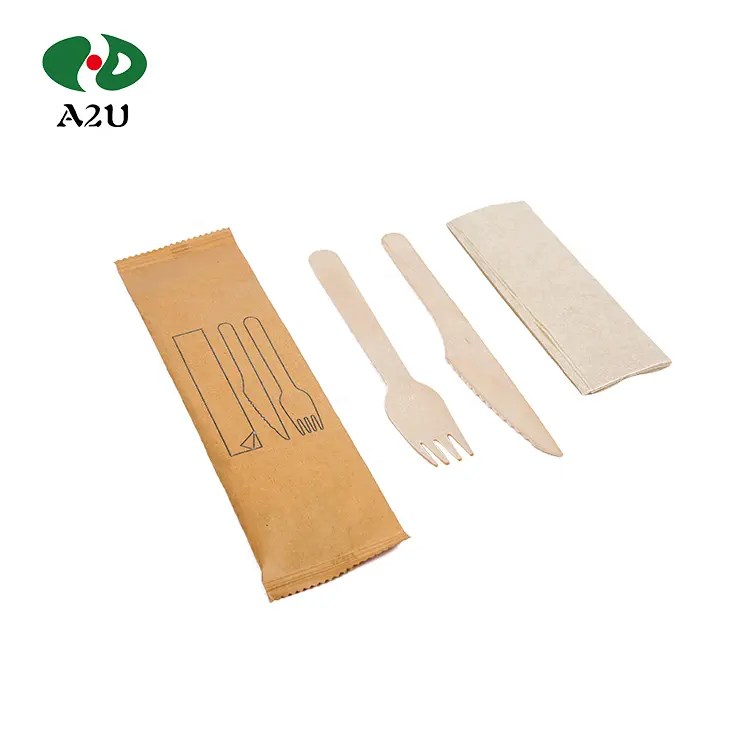 Juego de cubiertos de madera desechables, utensilios de acampada, tenedor, cuchillo, cuchara, pajita y servilleta de papel