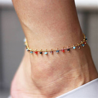 Chaîne de cheville Bowei faite à la main avec perles de riz colorées et pendentif pompon, ornement de pied en chaîne dorée