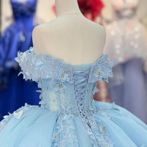 LY-QD0060 Quinceanera kızlar için balo elbisesi renkli 15 yıl parti elbise Glitter dantel prenses etek üst korse balo çiçek - Product Image 3