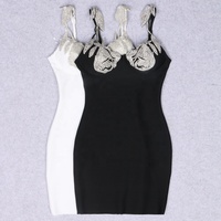 Nouvelle robe bandage mini sexy à col en V sans manches noire à diamants roses pour femmes Vestidos Para Mujer Robe de soirée cocktail