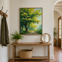 Peinture abstraite de paysage de sentier forestier ensoleillé, art mural, paysage d'arbres verts, impression numérique, toile 6 couleurs, imperméable, respectueux de l'environnement