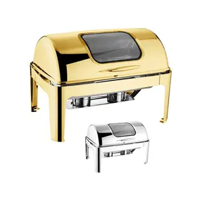 Luxury Decorative Fancy Chafing Dish 9.0L Large Capacity Rectangular shape and Roll Top Chafing Dish Silver and Gold Color