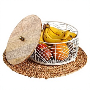 Round Metal Fruit Basket With Wooden Lid <b>Rustic</b> Storage Container For Kitchen White Wire Design Modern home iron basket - Product Image 1