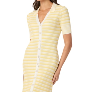 Abito in Maglia per Donna in Misto Cotone Personalizzato all'Ingrosso, <span class=keywords><strong>Maniche</strong></span> <span class=keywords><strong>Corte</strong></span>, Bottoni, Scollo a V, a Righe, Lungo, per Primavera Estate - Product Image 2