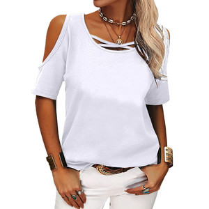 Moda Casual Europa América Verano Mujer Color sólido Manga corta Hombro desnudo Top <span class=keywords><strong>Camiseta</strong></span> suelta Top de gran tamaño - Product Image 4