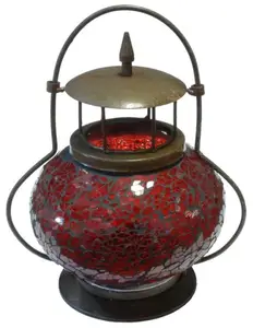 Lentera Mosaik Kaca Retak Merah/Lampu Lilin Badai Luar Ruangan