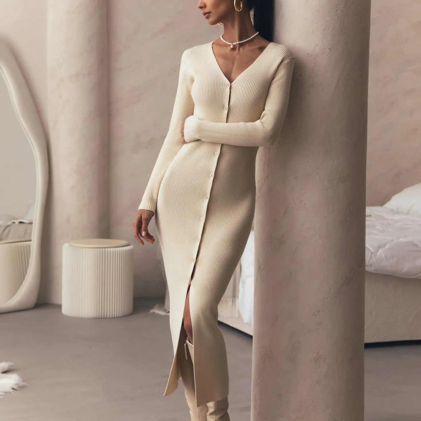 strickwarenhersteller individuelle strick damen langer pullover strickjacke und kleid luxus elegante rippe strick maxi sweater kleid