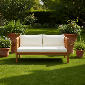 Canapé de jardin en bois d'acacia, deux places, blanc crème, mobilier d'extérieur, design contemporain, coussin en mousse haute densité robuste - Product Image 2