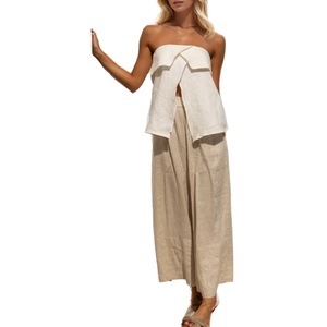 Produttore di abbigliamento personalizzato estivo Set di <span class=keywords><strong>lino</strong></span> Casual senza spalline Crop Top pantaloni lunghi <span class=keywords><strong>in</strong></span> <span class=keywords><strong>lino</strong></span> Set di pantaloni da salotto a due pezzi - Product Image 1