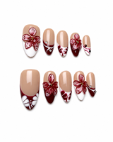Uñas Postizas Francesas Cortas Almendradas Color Borgoña, Elegantes, Hechas a Mano, 10 Piezas, Reutilizables, con Flores 3D para Bodas y Fiestas
