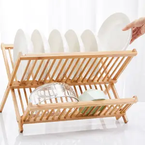 RTS regolabile 2 tier pieghevole pieghevole di bambù di legno da cucina sopra lavello piatto piatto piatto di essiccazione drainer rack holder