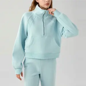 Thickened Fleece Solid Color Half Zip Hoodie Women Sweatshirt Heavyweight Pullover Outfit Kangaroo Pocket Hoodies