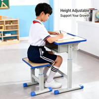 Ensemble table et chaise pour élèves du primaire avec rangement, bureau et chaise pour étudiants, table et tabouret réglables en hauteur