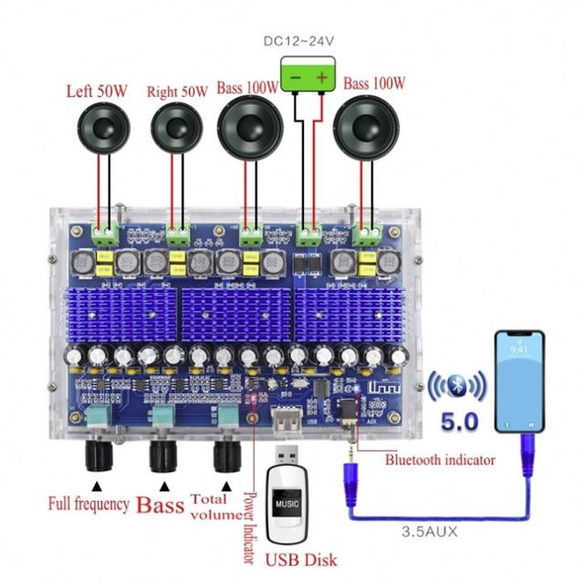 BT-compatible 5.0 TPA3116D2 4 Channel 50Wx2+100Wx2 Digital Power Amplifier Board Stereo Dual Bass Subwoofer AMP XH-A310