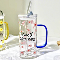 400ml Hitzebeständige Bleifreie Borosilikatglas Quadratische Tasse mit Buntem Griff, Deckel, Strohhalm und Blumenmuster, Spülmaschinenfest, für Zuhause