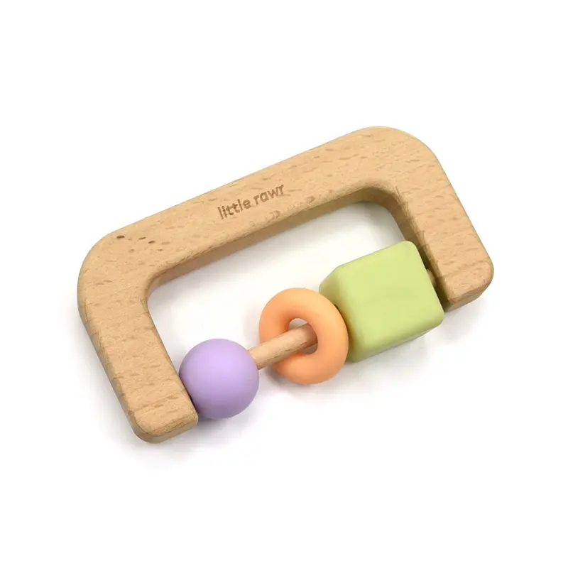 Wooden Handle and BPA Free Silicone Beads Rattle Teething Toys for Toddlers and Infants