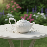 Service à thé en céramique durable et écologique, design floral vintage en relief, luxe léger, couleur beige, tasse à café et soucoupe, thé de haute valeur