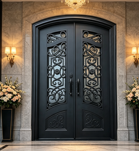 Puerta Decorativa Manual de Hierro Forjado y Vidrio, Puerta de Entrada de Vidrio Templado Forjado a Mano, Puerta de Entrada Principal Personalizada para Villa - Product Image 2