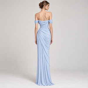 Elegant Off Shoulder <b>Chiffon</b> Floor Length Sheath <b>Dress</b> With Draped Asymmetric Design Formal Wear - Product Image 2
